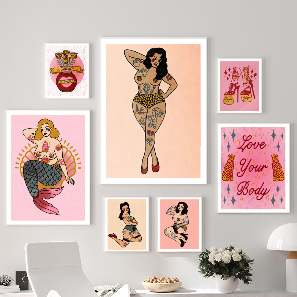 Leopard Girl Feminism Mermaid Vintage Wall Art Canvas Painting Decor