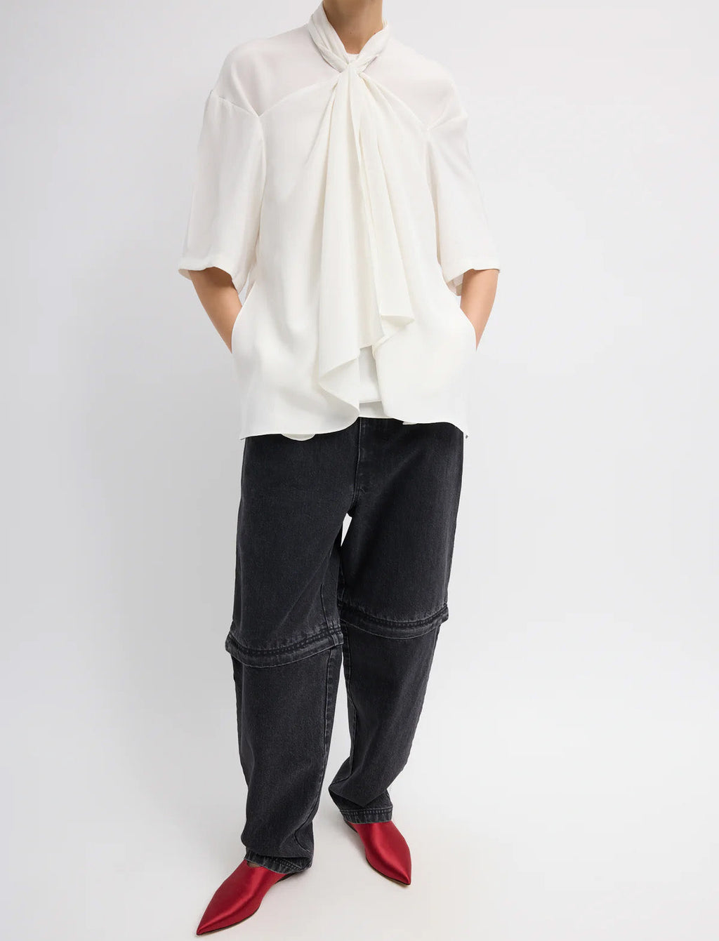 TIBI 4-Ply Silk Tie Front Top in Ivory