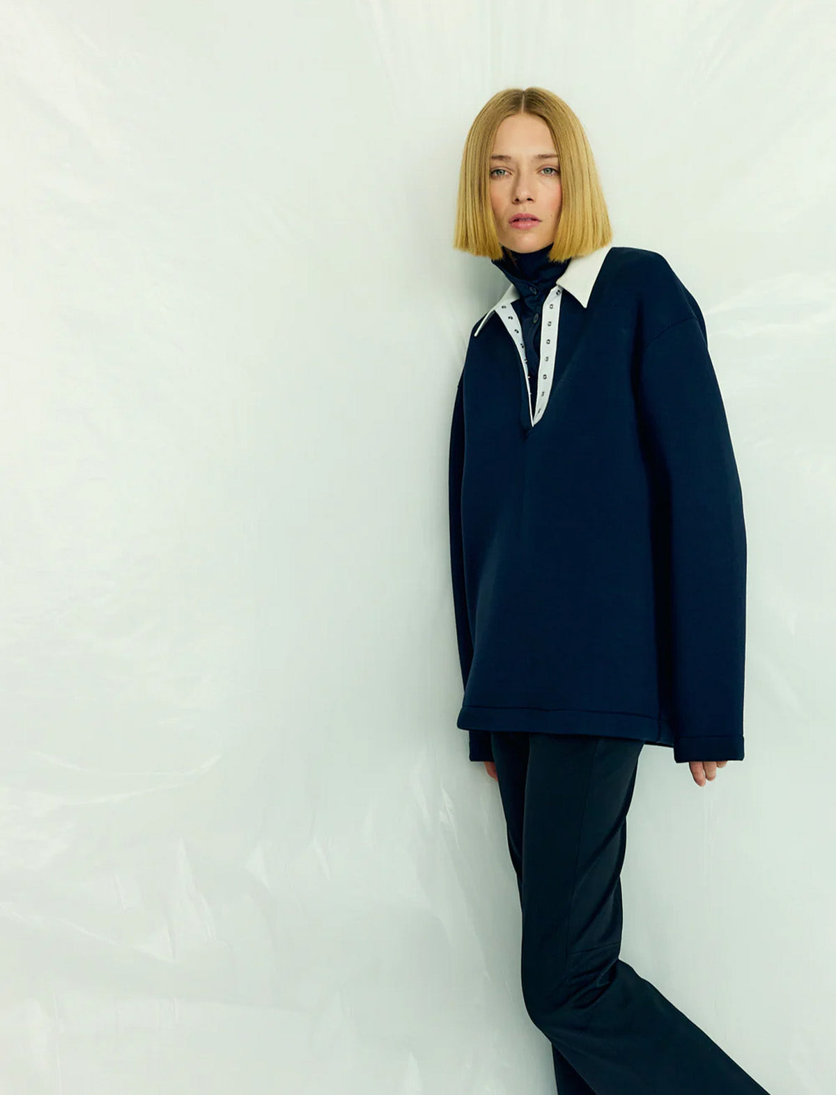 TIBI Bonded Viscose Sculpted Polo in Dark Navy