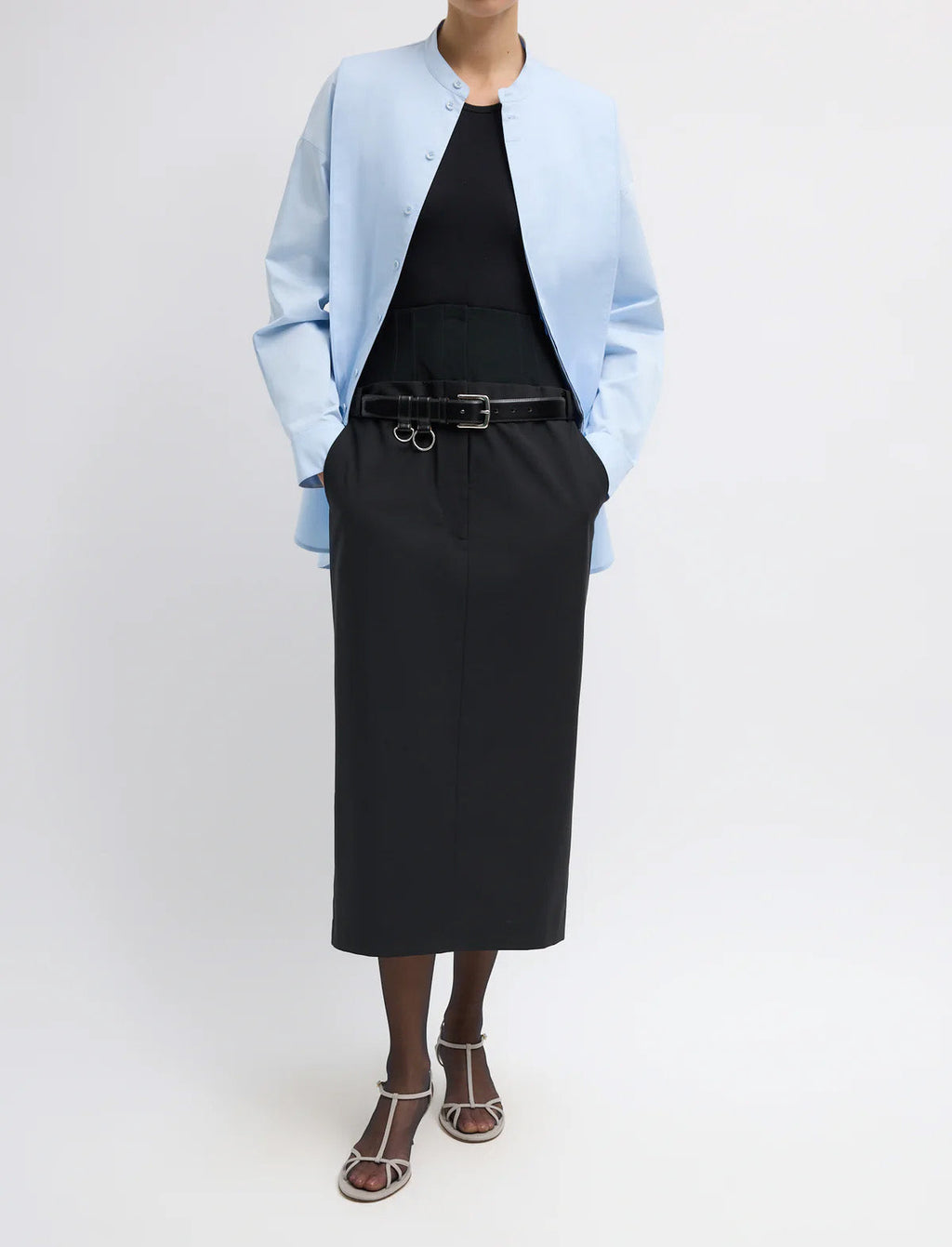 TIBI Eco Poplin Tuxedo Shirt With Bib Flap in Chambray Blue