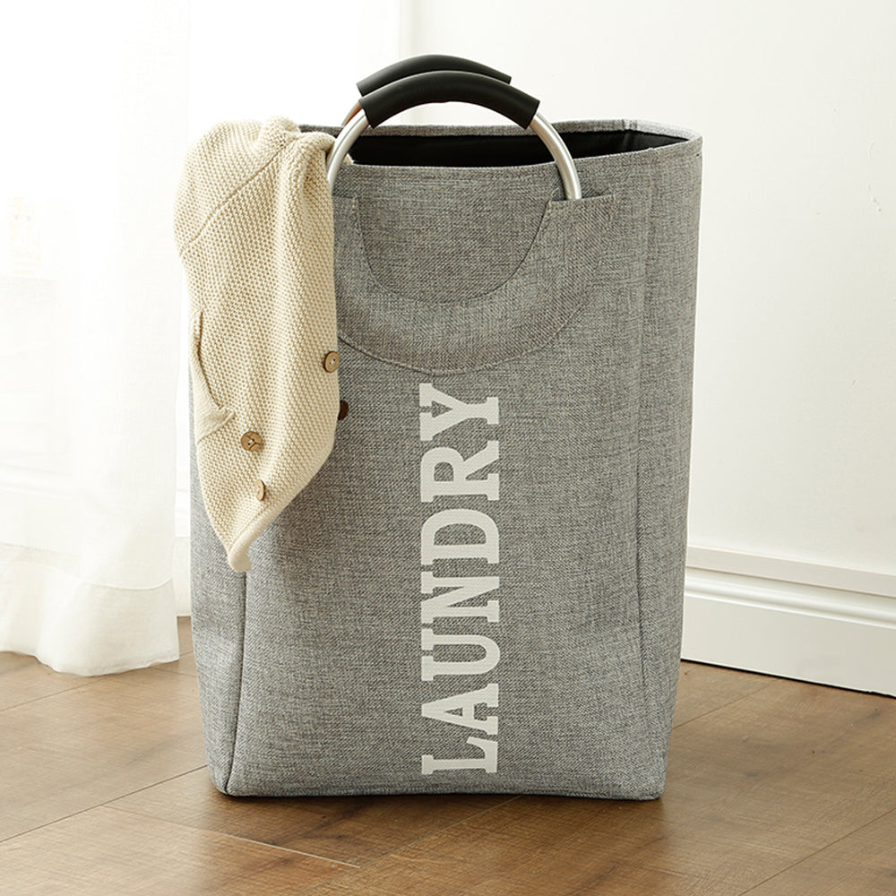 Hessian Fabric Laundry Basket with Handle - Grey