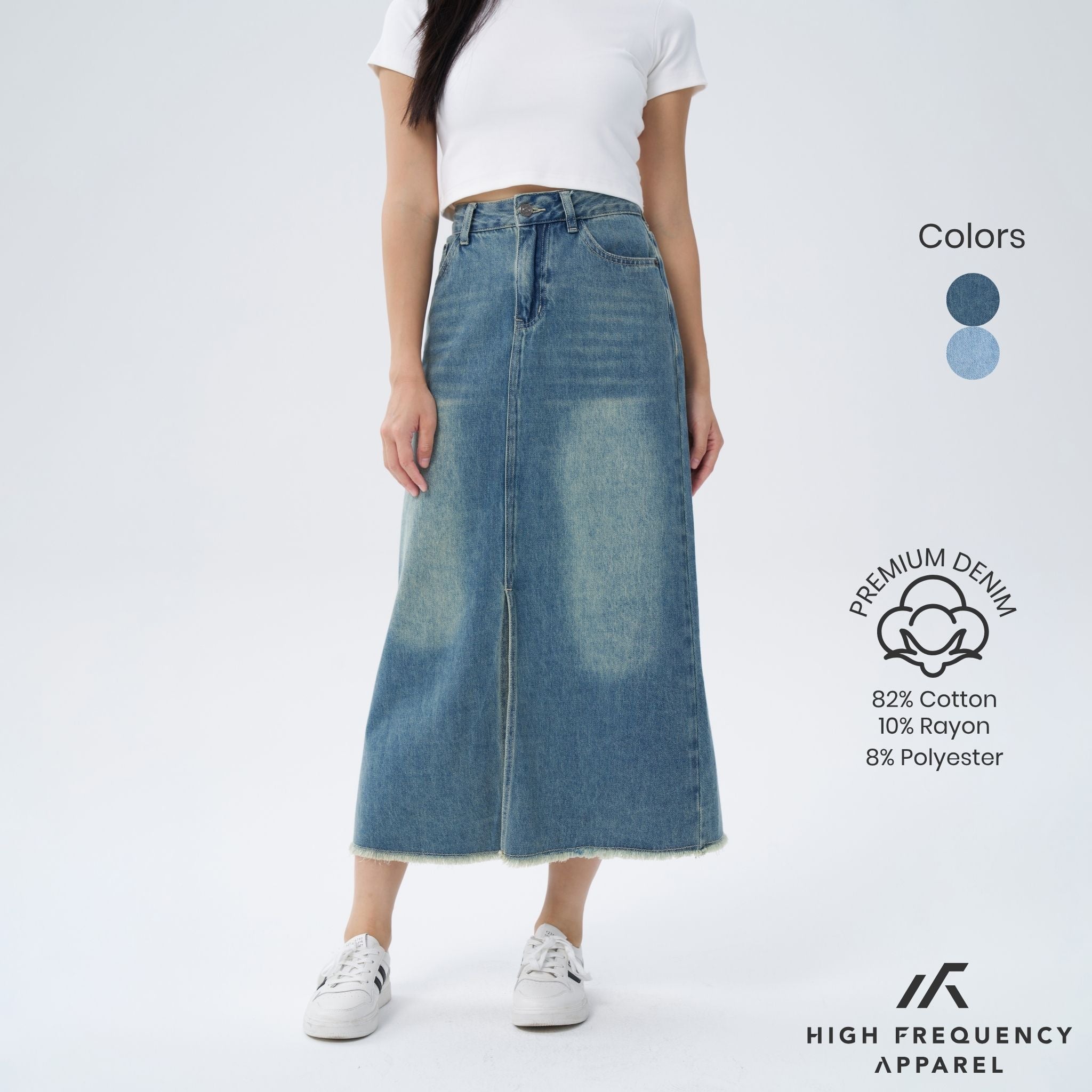 Frayed Mid-Waisted Maxi Denim Skirt With Front Slit