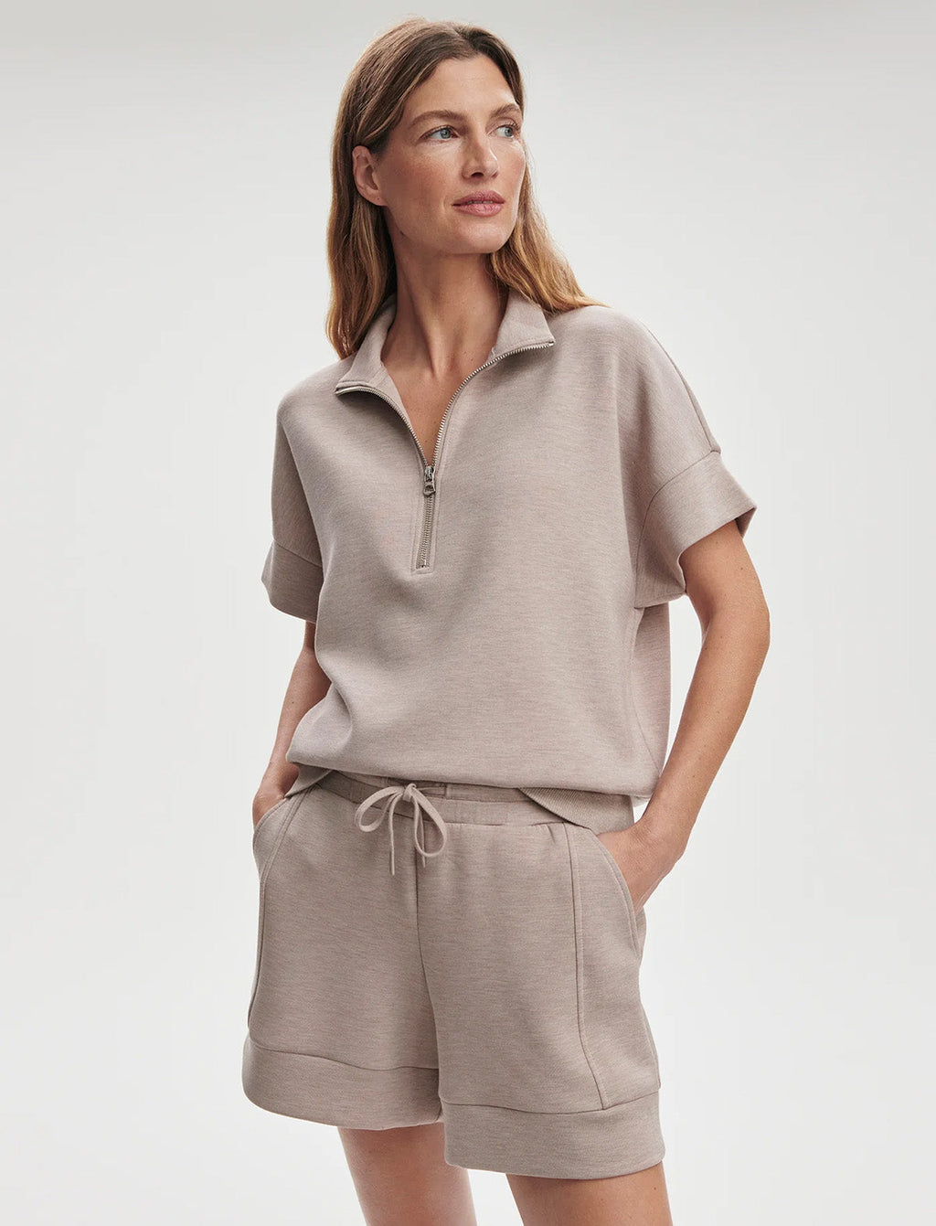 VARLEY Ritchie Short Sleeve Sweat in Taupe Marl