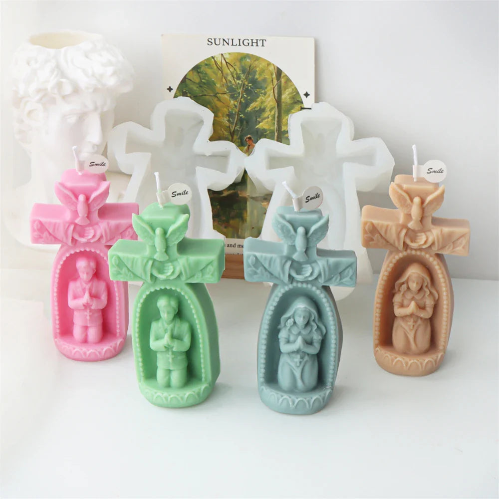 3D Cherub Silicone Mold DIY Handmade Praying Boy Girl Candle Mold Prayer Virgin Sculpture Soy Wax Candle Mold Cross Church Decor