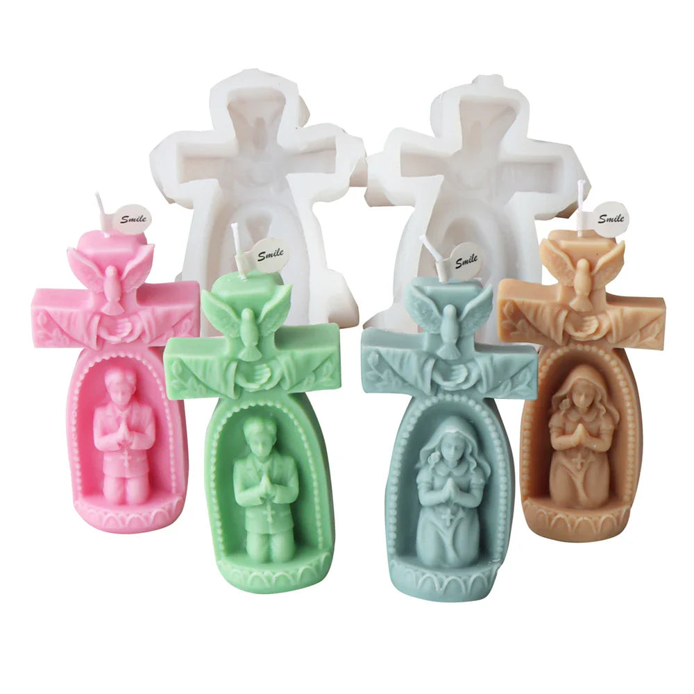 3D Cherub Silicone Mold DIY Handmade Praying Boy Girl Candle Mold Prayer Virgin Sculpture Soy Wax Candle Mold Cross Church Decor
