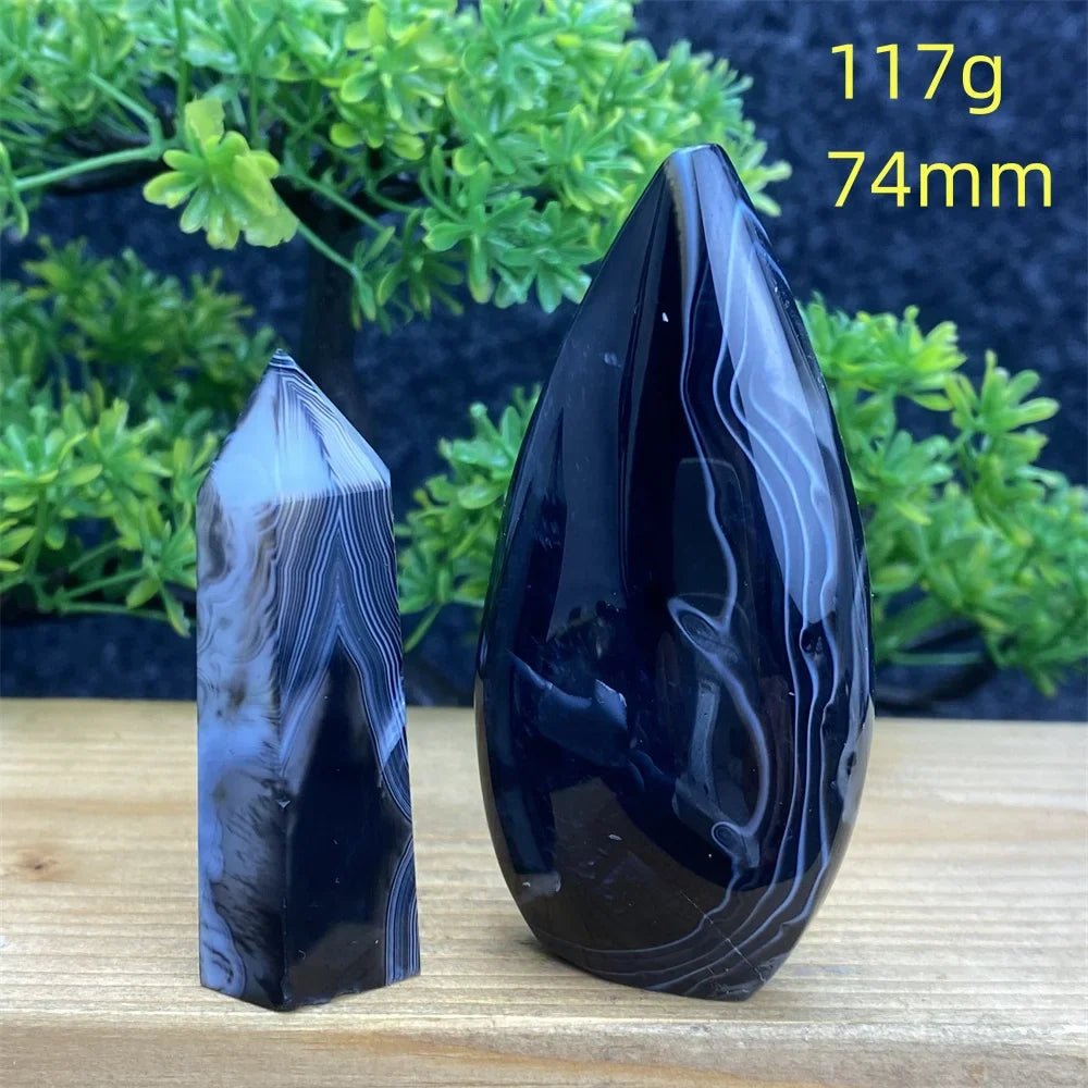 Natural Crystal Black Agate Silk Stripe Free Form Torch Reiki Healing Shape Meditation Feng Shui Home Decor Gift Warp Off Evil