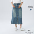 Frayed Mid-Waisted Maxi Denim Skirt With Front Slit