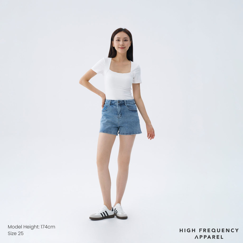 Mid-Waisted Stretch Denim Shorts