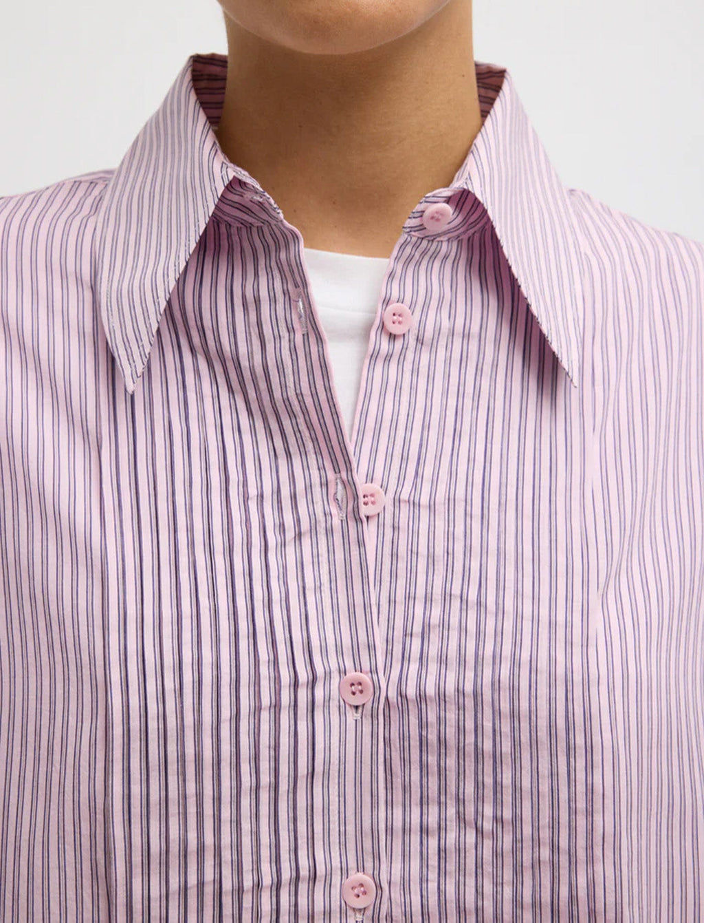 TIBI Ultra Light Silk Tencel Striped Pintucked Shirt in Pink Multi