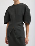 TIBI Wool Crepe Slit Front T-Shirt in Dark Grey